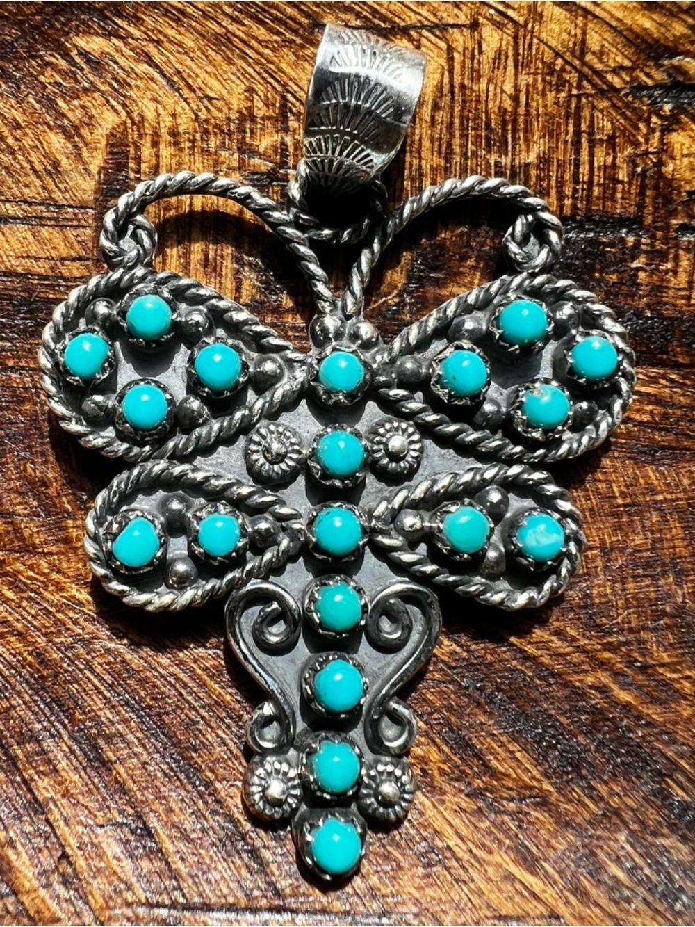 925 Sterling Kingman Turquoise Cluster Dragonfly Pendant•Southwestern Statement